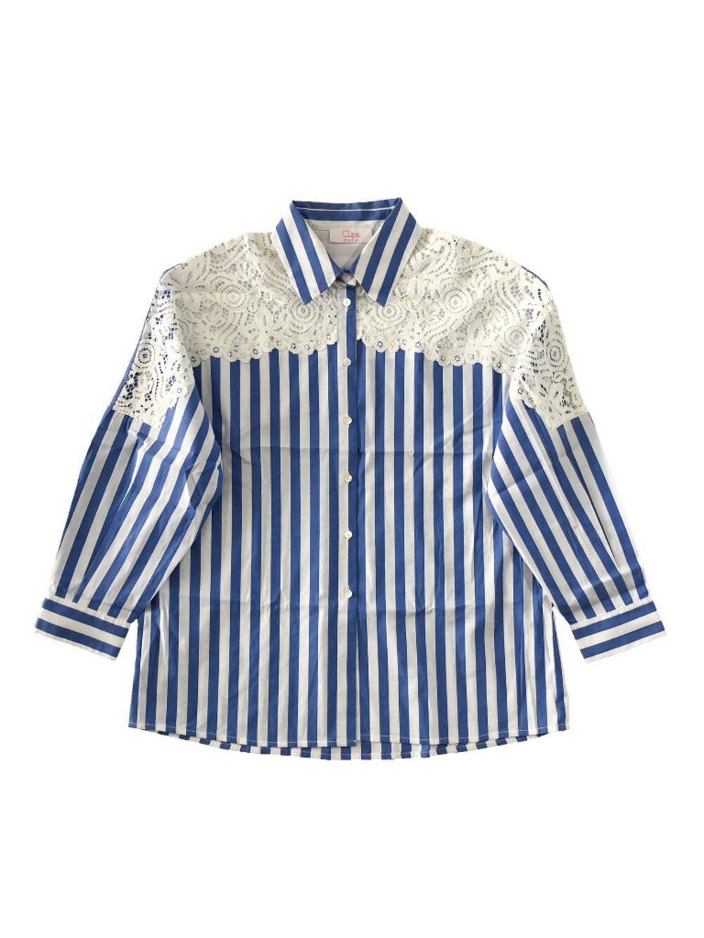 NWOT Clips More Blouse Womens Blue White Striped Button-Down Shirt Floral Lace
